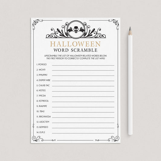 Halloween Word Scramble Printable Gold and Black Skull by LittleSizzle