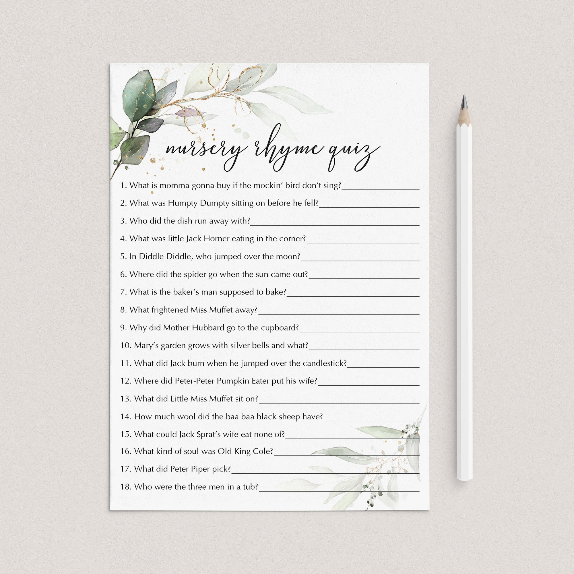 Modern Baby Shower Game Printable Nursery Rhyme Quiz by LittleSizzle