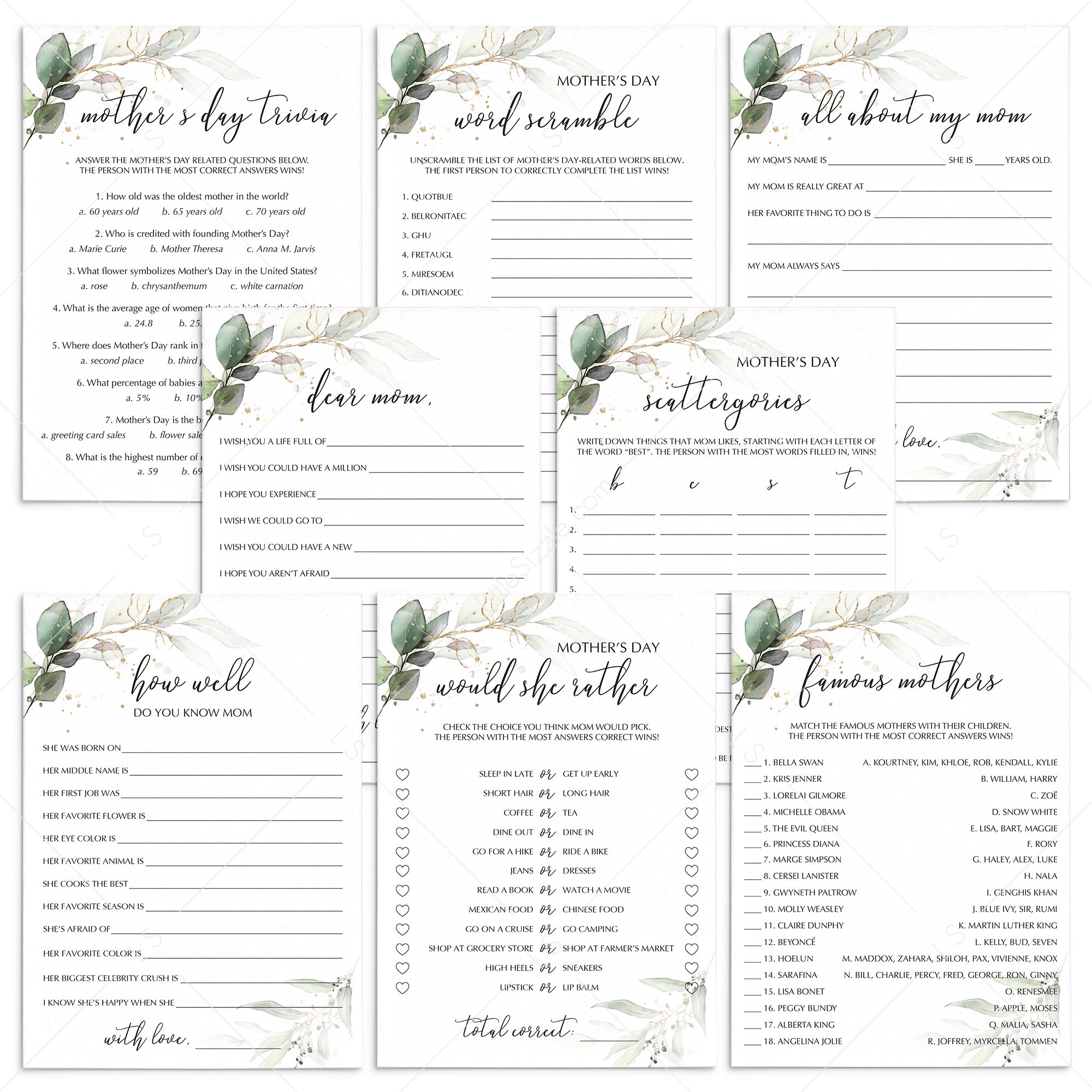 8 Printable Games and Activities for Mother's Day by LittleSizzle