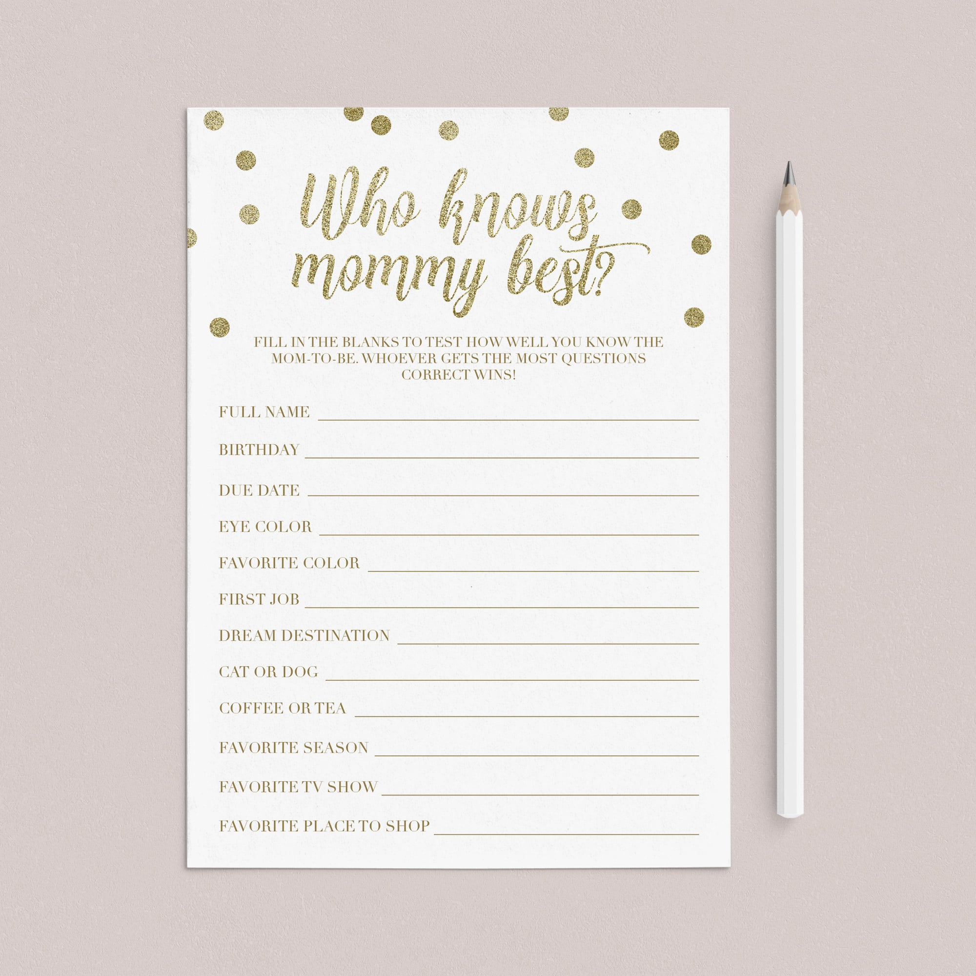 Who Knows Mommy the Best (Virtual) Baby shower Game Gold