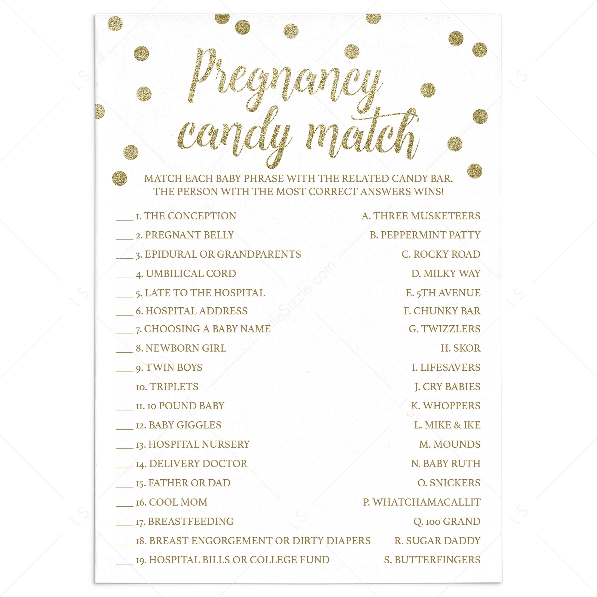 Unique Baby Shower Game Candy Bar Match Gold Confetti by LittleSizzle