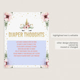 Baby Shower Diaper Thoughts Sign Template Floral Unicorn