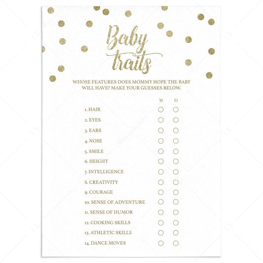 Whose Traits Baby Shower Game Printable Gold Confetti by LittleSizzle