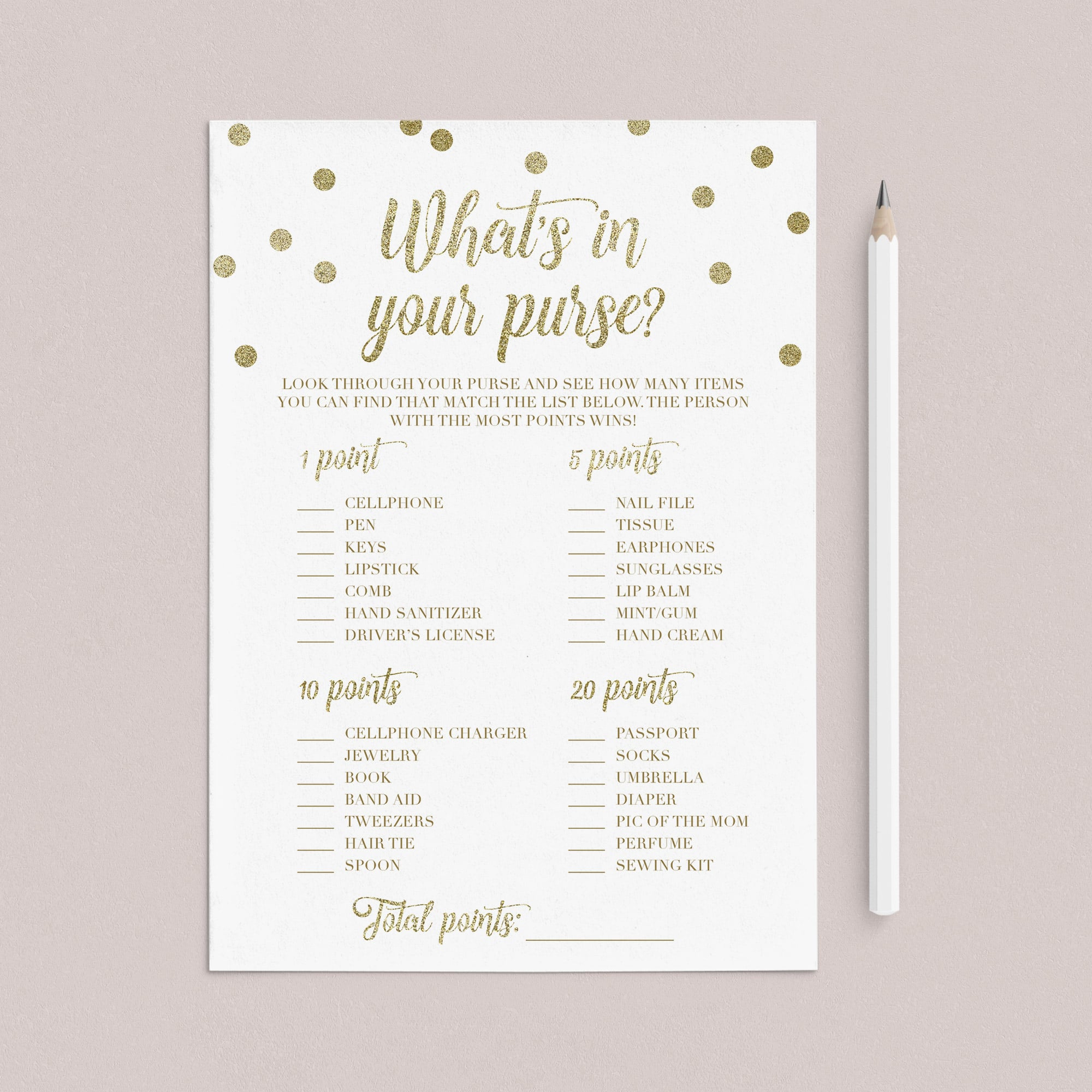Printale purse game for gold theme baby shower by LittleSizzle
