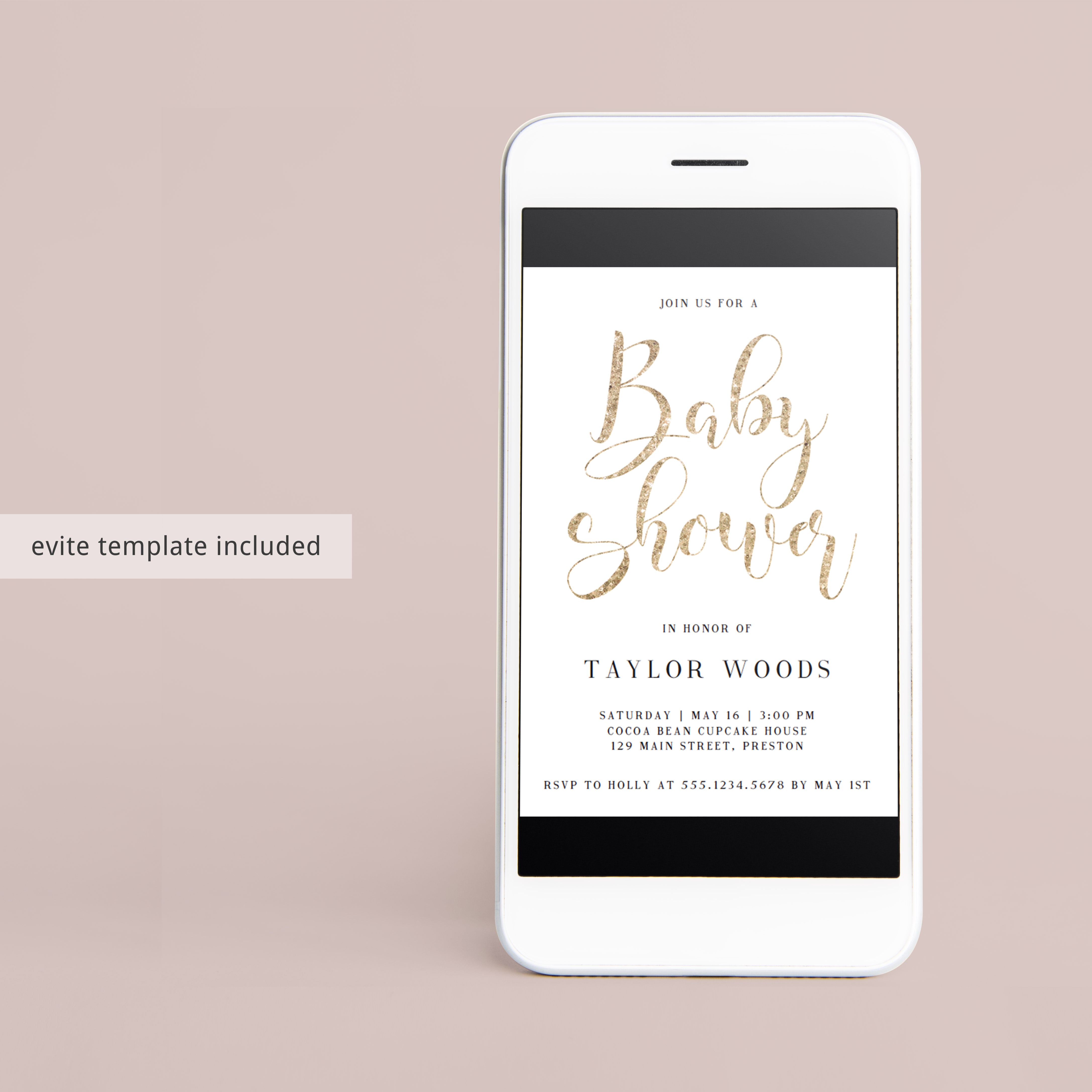 Close-up of gold invitation for baby shower by LittleSizzle