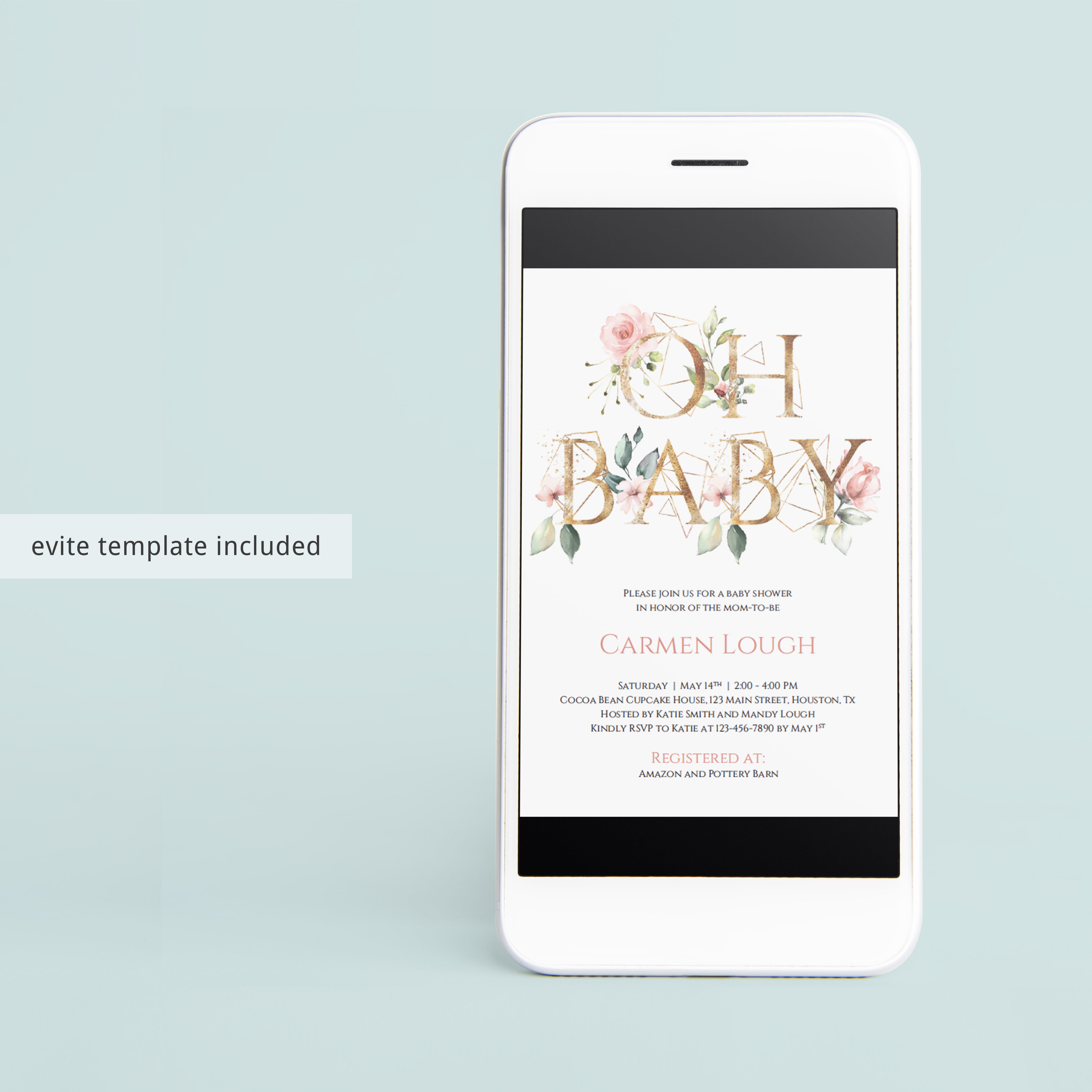 Modern gold and floral baby shower invite template by Littlesizzle