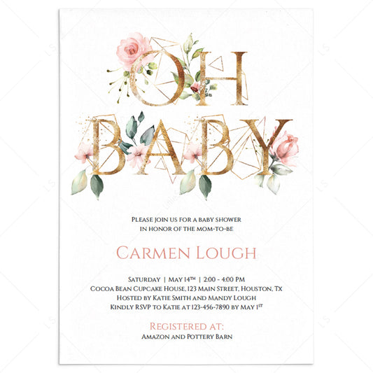 Gold floral pink and green oh baby invitation for girl baby shower by Littlesizzle