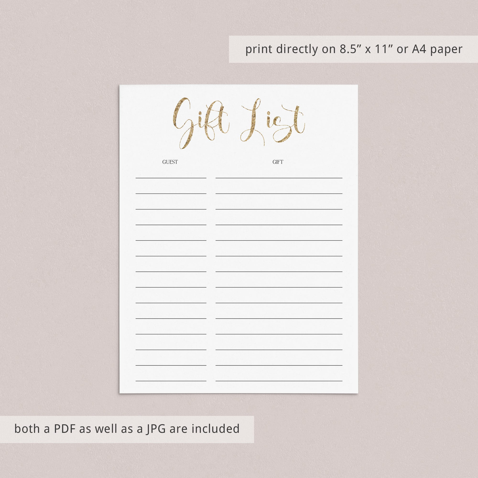 Printable Gift List for gold party by LittleSizzle