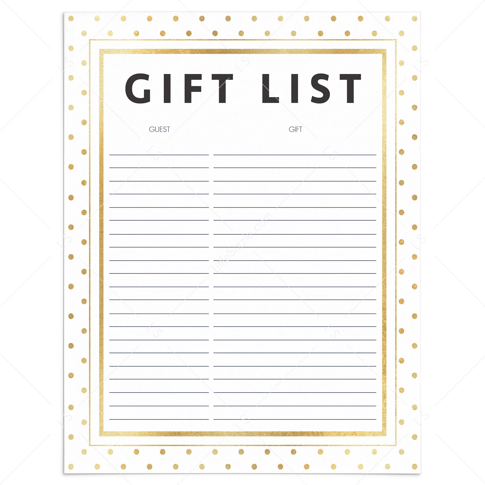 Printable gift list with gold polka dots by LittleSizzle