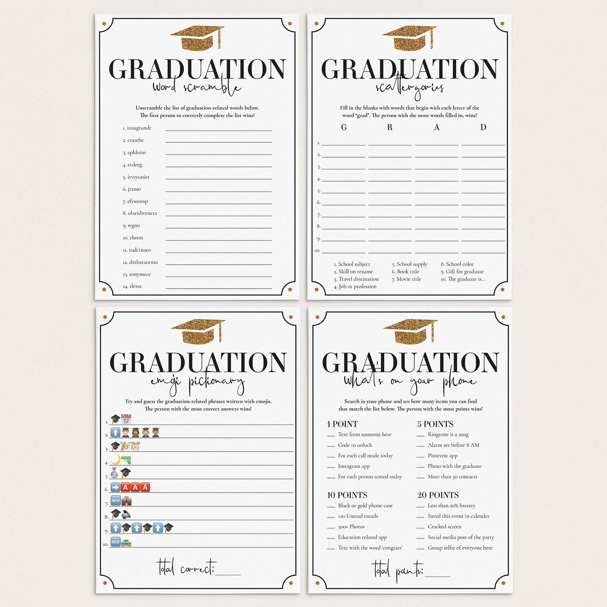 Gold Graduation Party Games Instant Download by LittleSizzle
