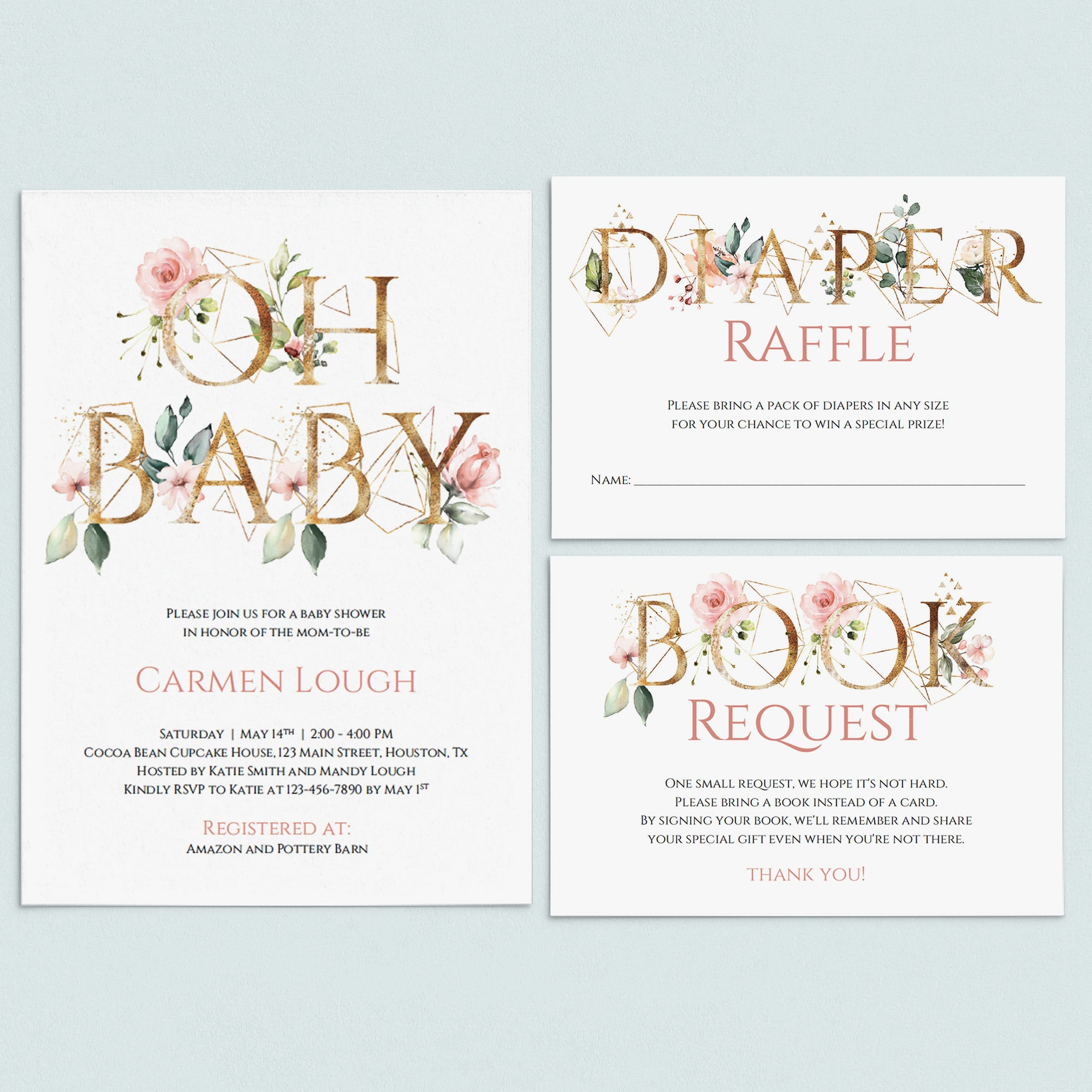 Gold floral baby shower invitation set Oh Baby template by LittleSizzle