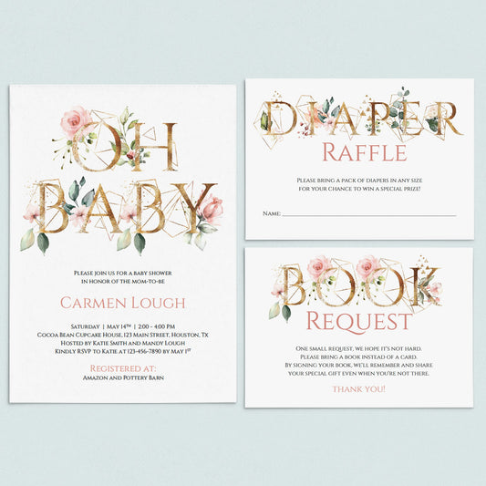 Gold floral baby shower invitation set Oh Baby template by LittleSizzle