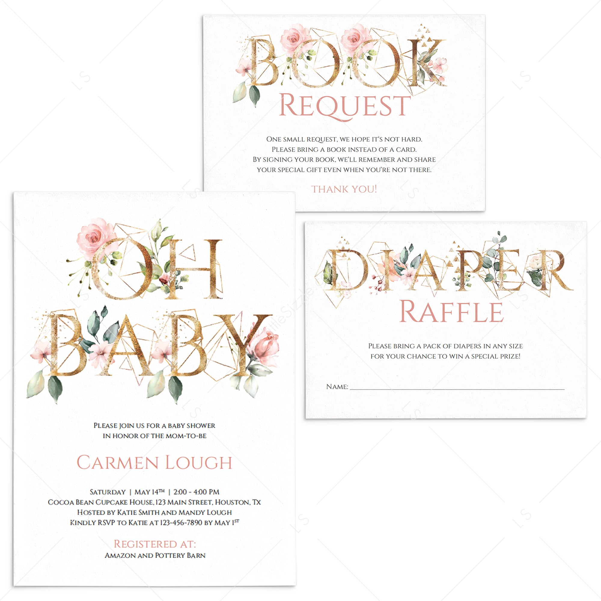 Gold floral baby shower invitation set Oh Baby template by LittleSizzle