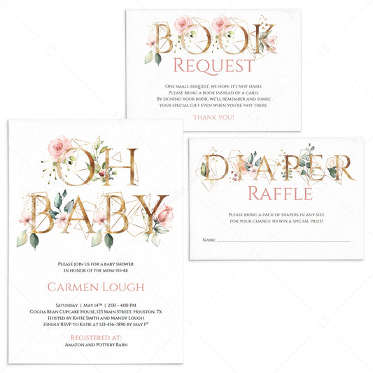Gold floral baby shower invitation set Oh Baby template by LittleSizzle