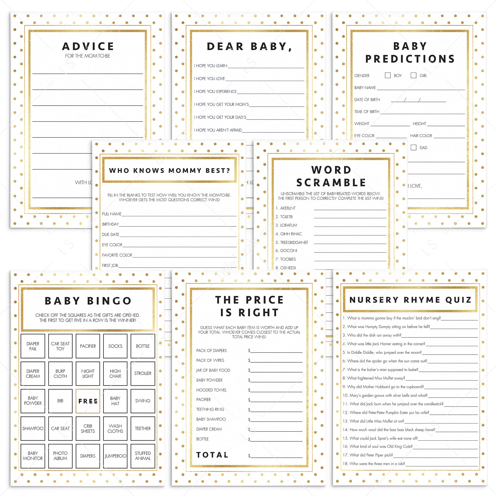 Gold baby shower games bundle printables by LittleSizzle