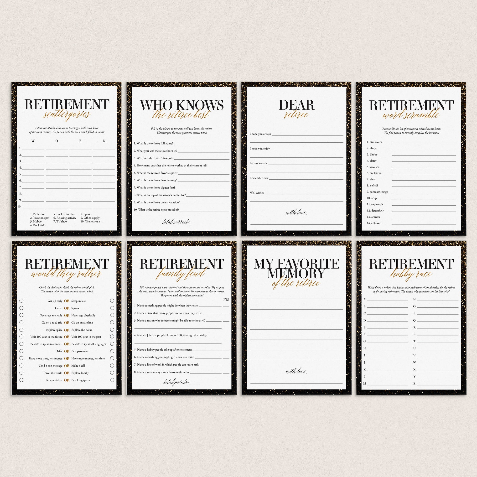 Gold Retirement Party Games Bundle Printable by LittleSizzle