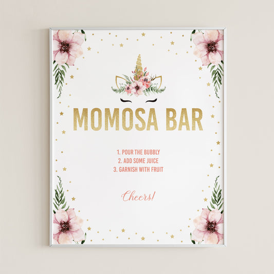 Momosa sign printable for unicorn baby shower by LittleSizzle