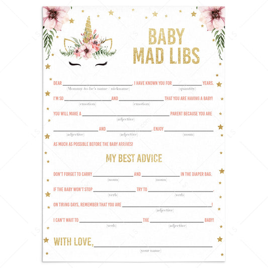 Baby mad libs advice card for girl baby shower by LittleSizzle