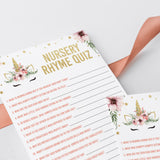 Gold unicorn baby shower games nursery rhyme activity by LittleSizzle