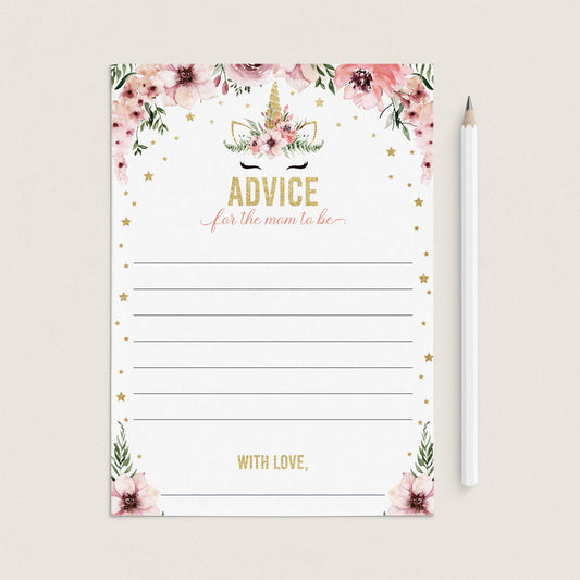 Printable unicorn baby party advice cards by LittleSizzle