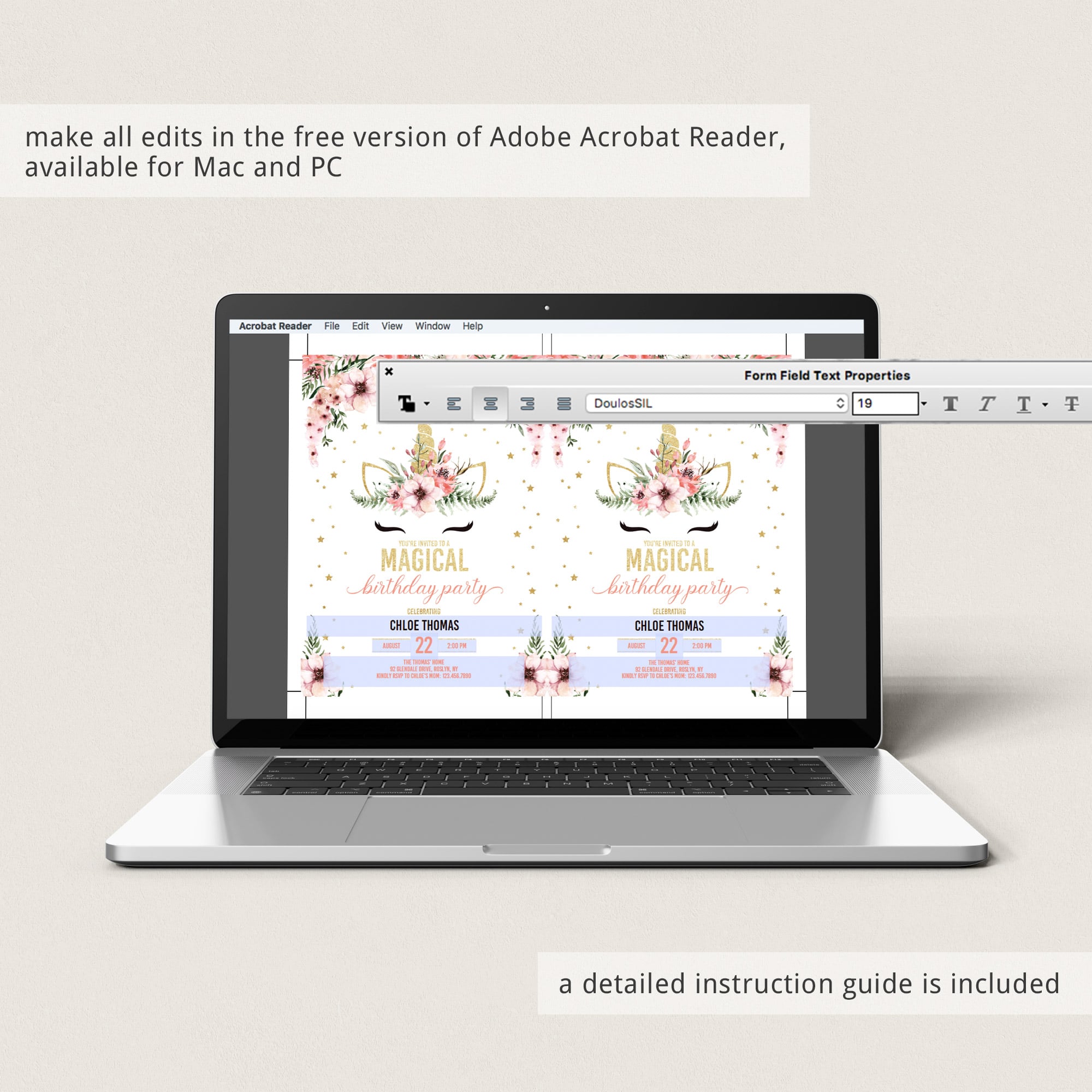 Floral Unicorn birthday party invitation editable pdf template by LittleSizzle