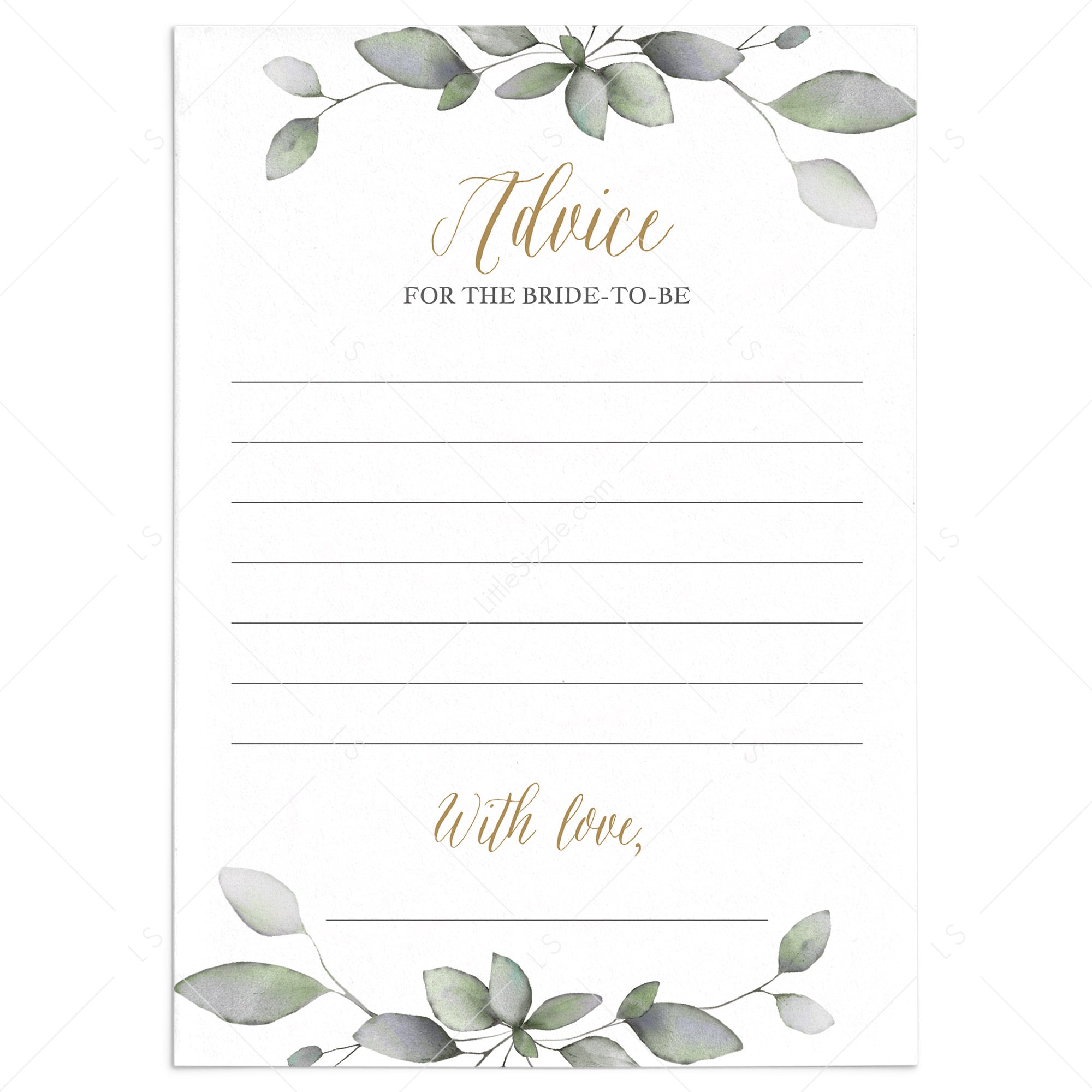 Green And Gold Bridal Shower Advice Cards Digital Files by LittleSizzle