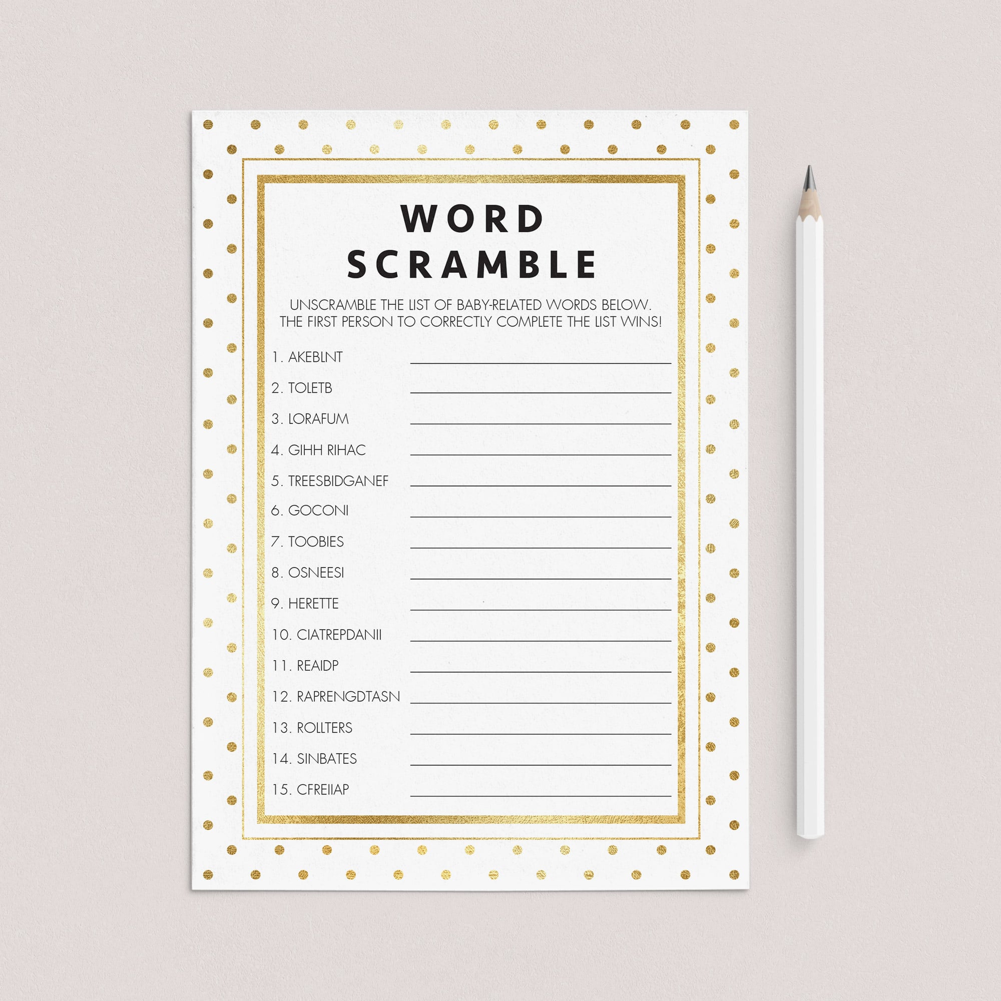 Printable neutral shower games with gold polka dots by LittleSizzle