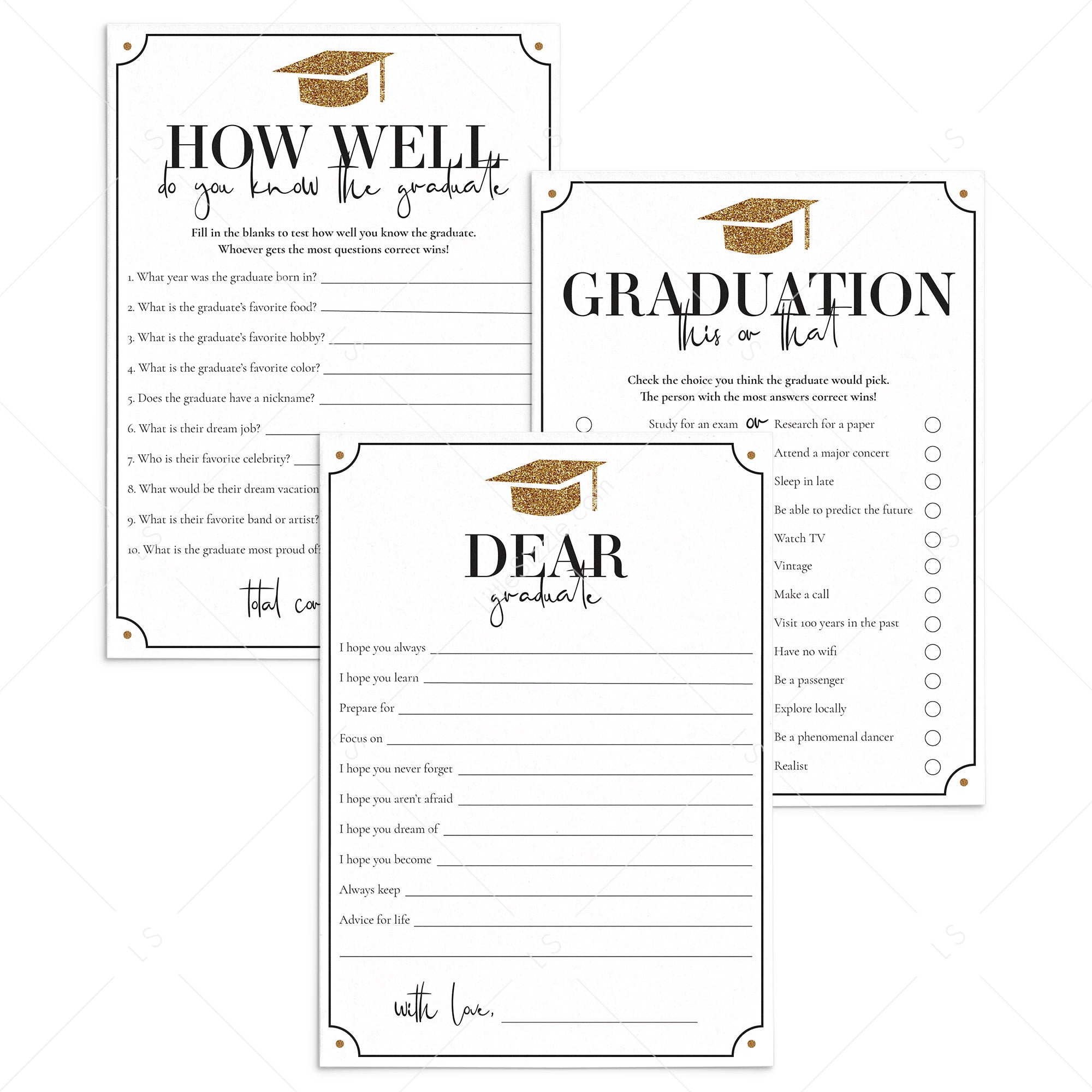 Gold Glitter Graduation Game Cards Printable by LittleSizzle