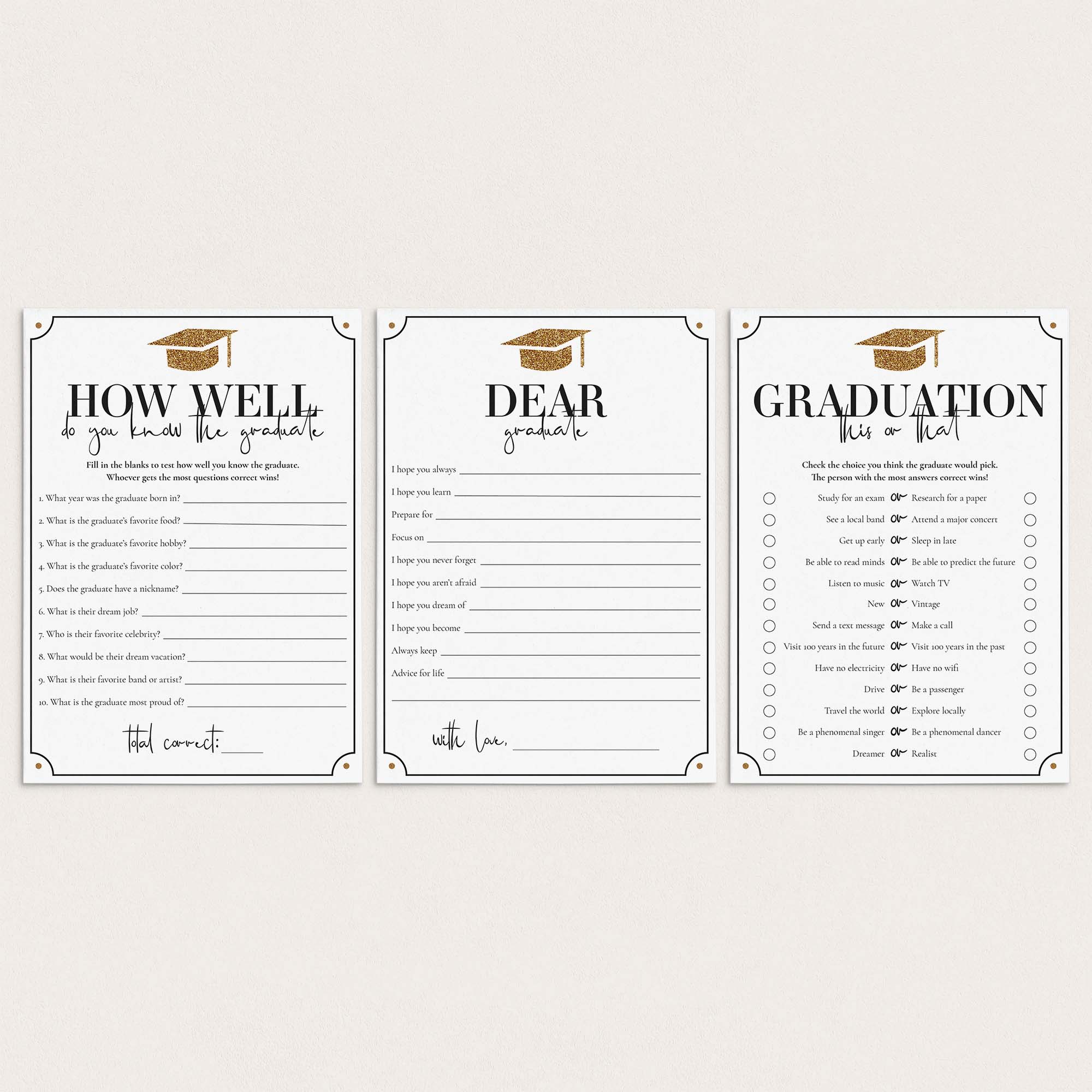 Gold Glitter Graduation Game Cards Printable by LittleSizzle