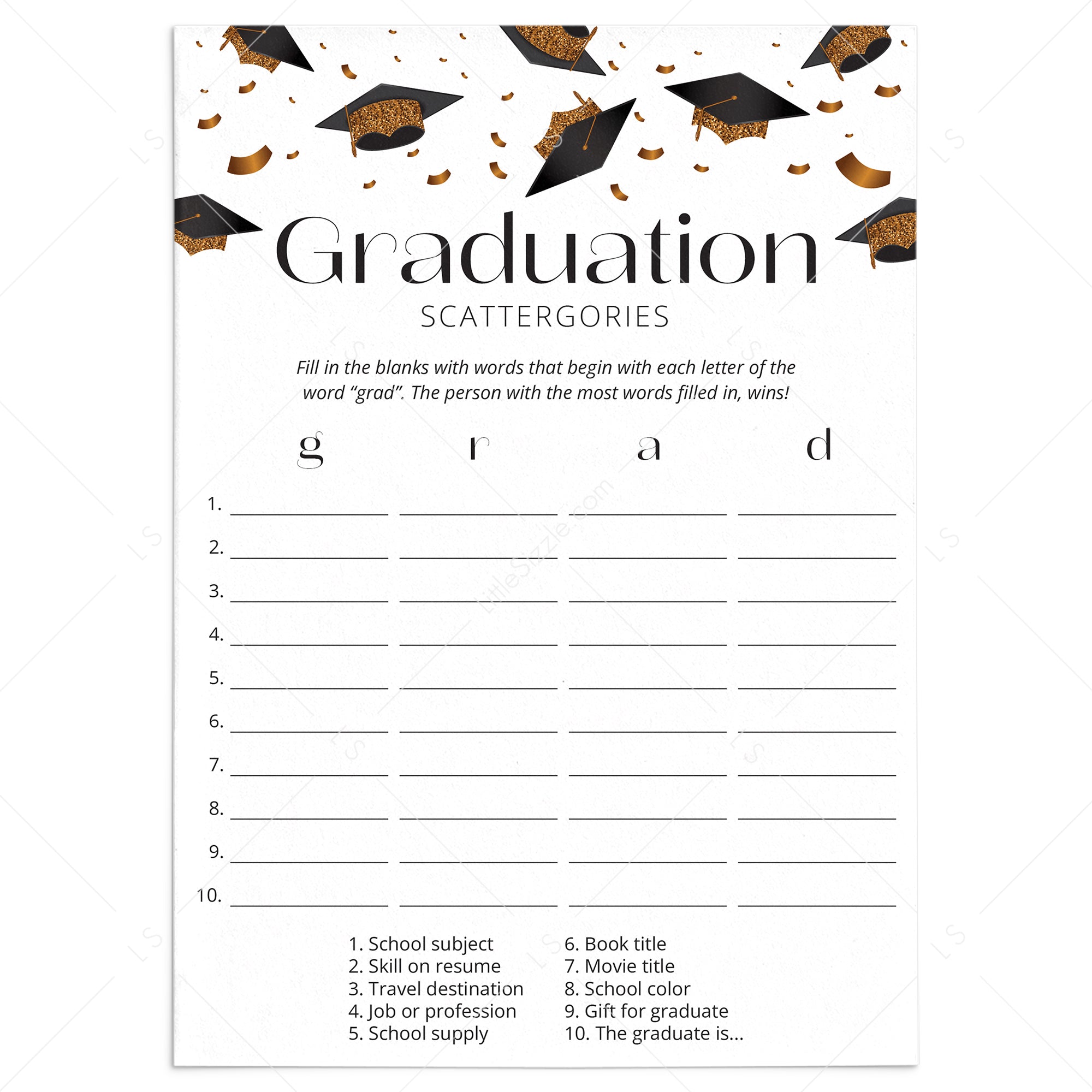 Graduation Scattergories Game Printable by LittleSizzle