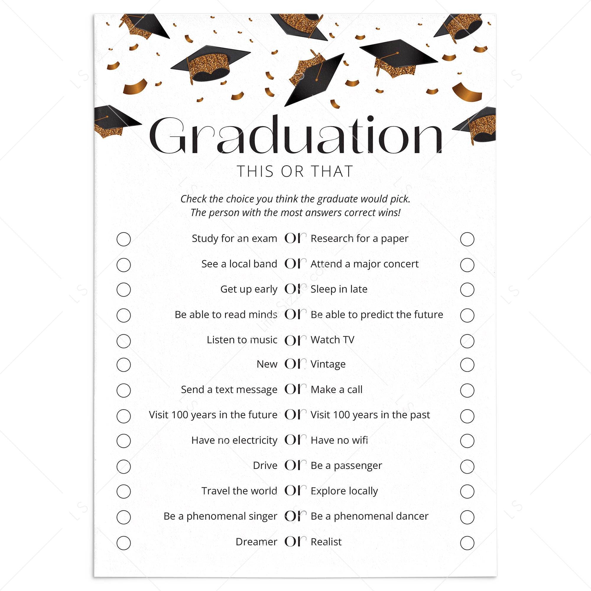 Black and Gold Graduation Party Game This or That by LittleSizzle