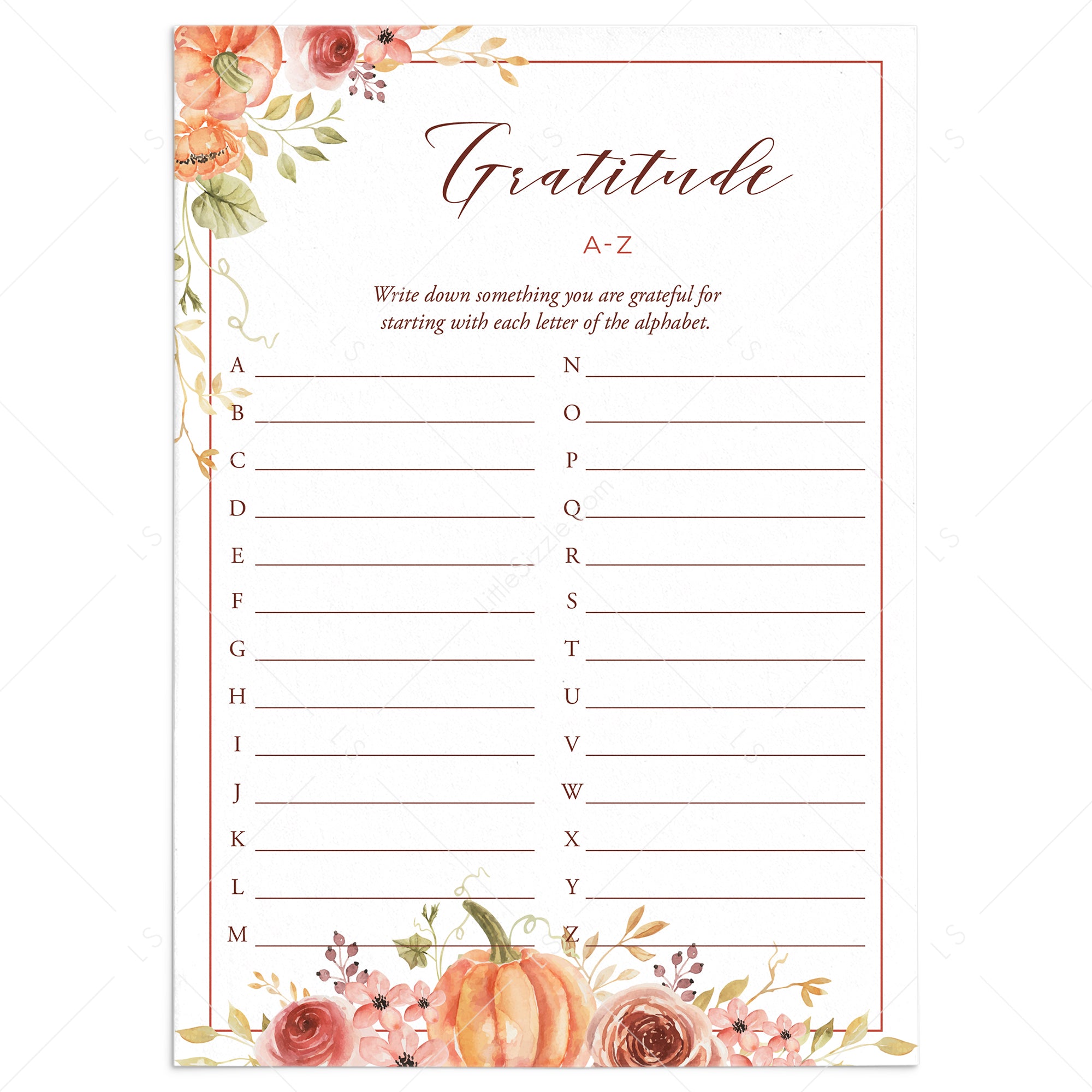 Watercolor Floral Pumpkin Gratitude List Printable by LittleSizzle