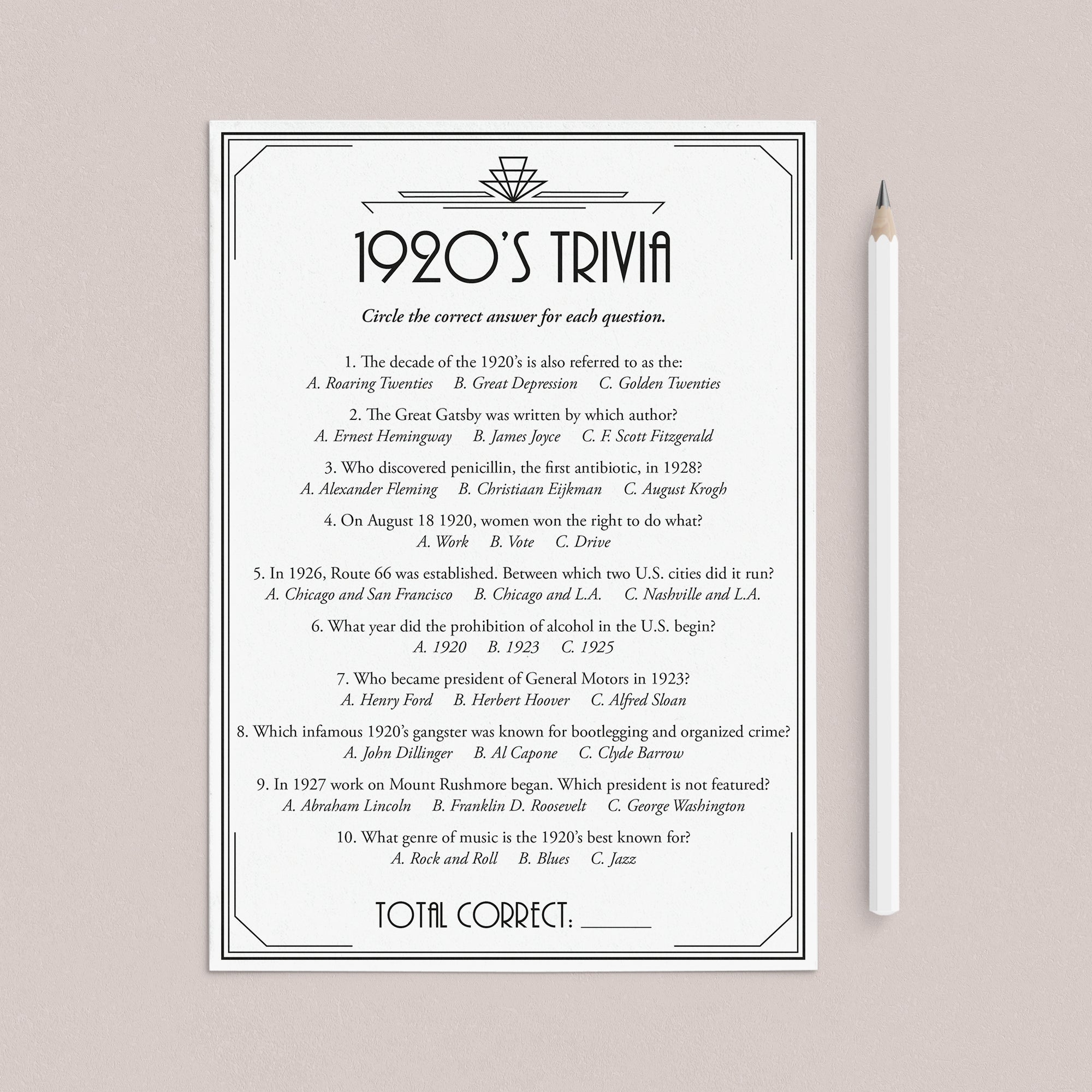 1920's Trivia Questions and Answers Printable by LittleSizzle