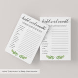 Watercolor Leaves Bridal Word Scramble Game Cards