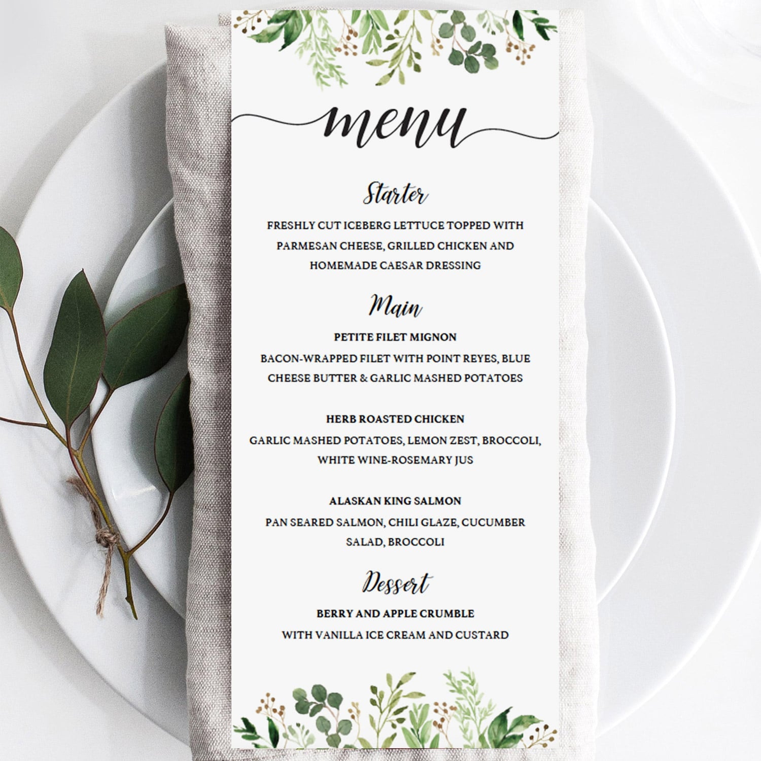 Greenery table setting decor menu card by LittleSizzle
