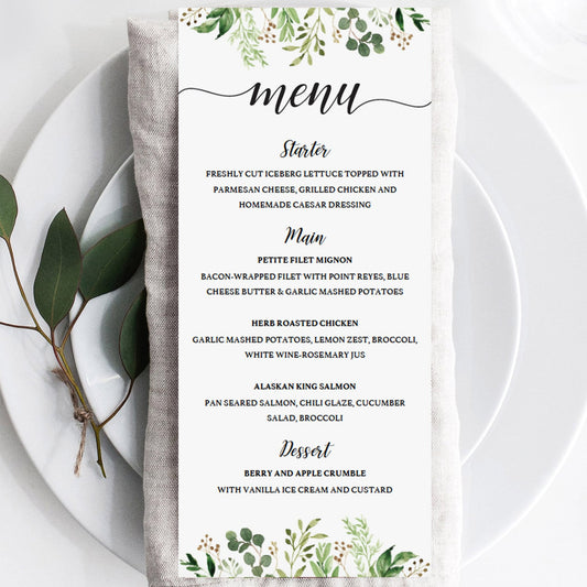 Greenery table setting decor menu card by LittleSizzle