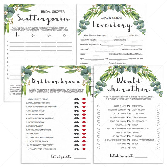 eucalyptus bridal shower games package download by LittleSizzle