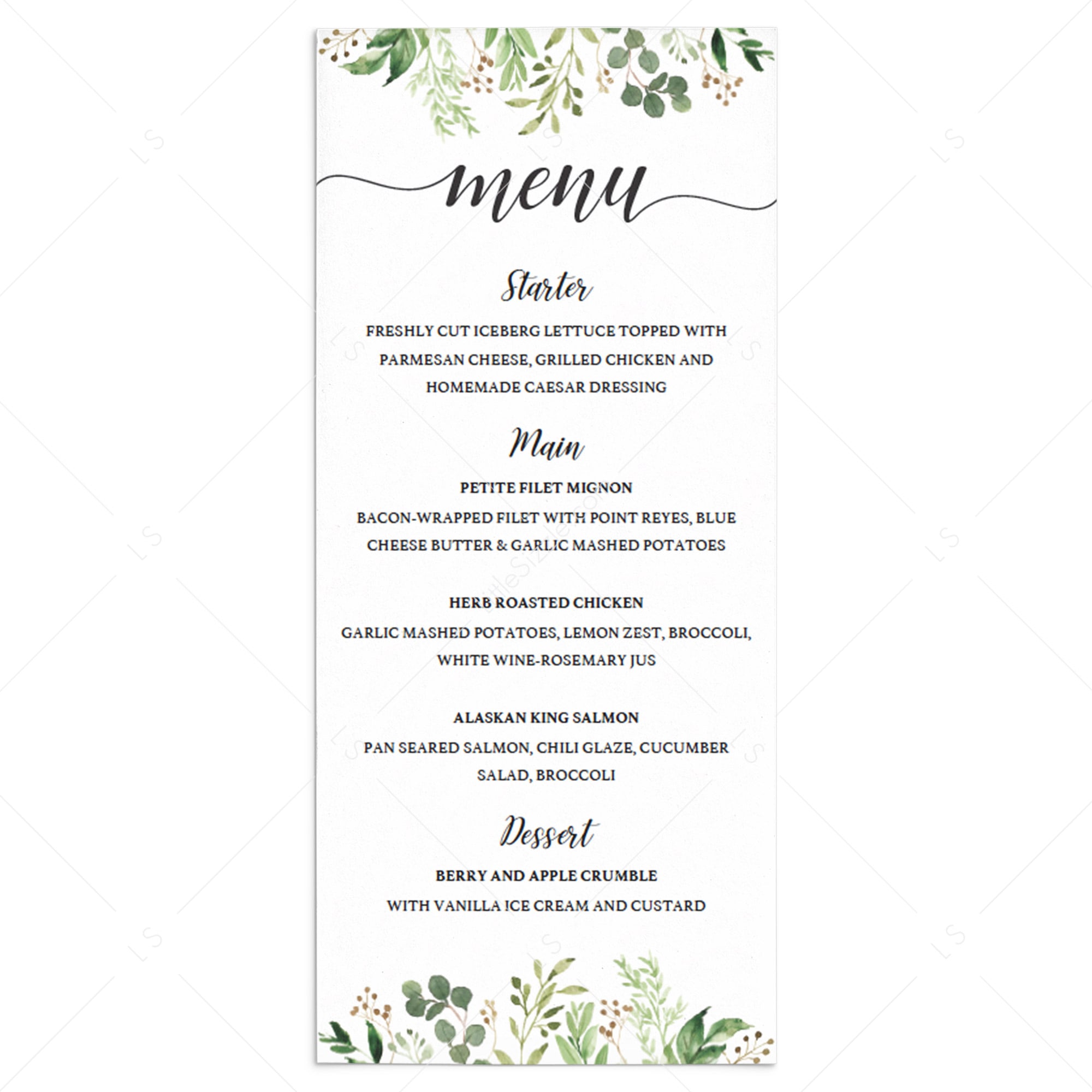 Green leaves menu card template editable PDF by LittleSizzle