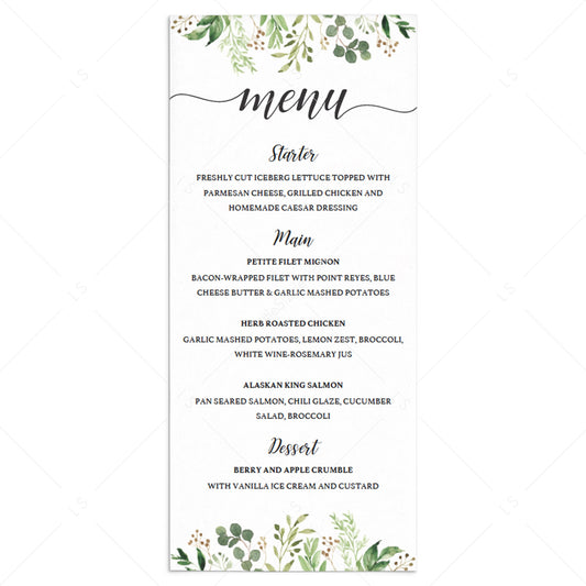 Green leaves menu card template editable PDF by LittleSizzle