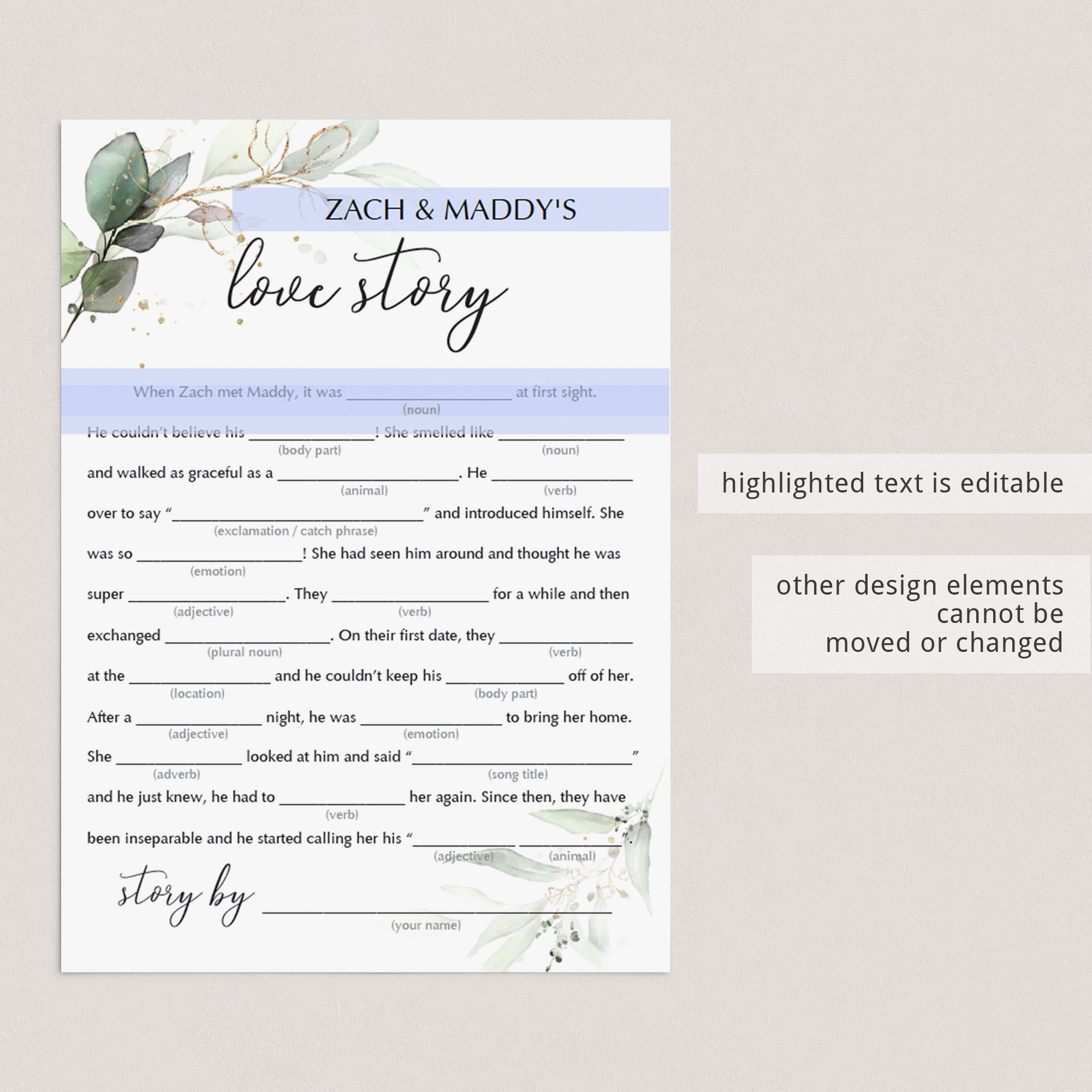 green wedding shower madlibs game cards