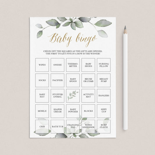 Gold And Greenery Baby Shower Bingo Cards Prefilled by LittleSizzle