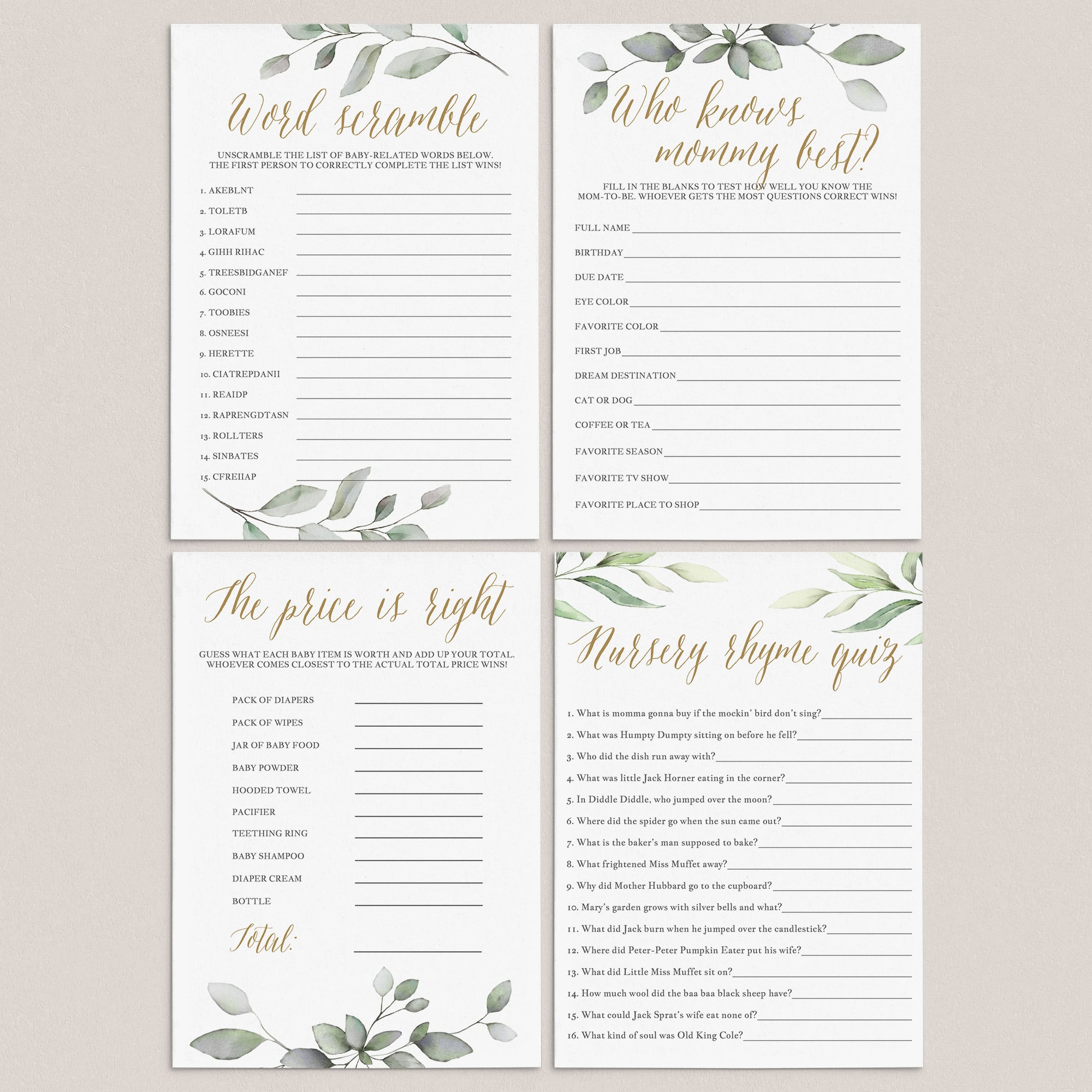 Gold and Greenery Baby Shower Games Pack Printable by LittleSizzle