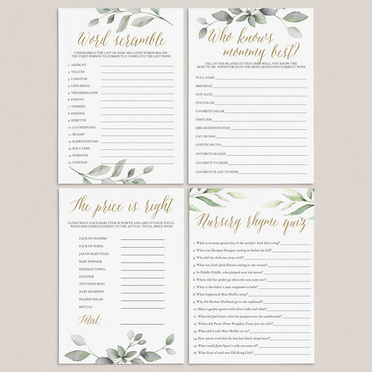 Gold and Greenery Baby Shower Games Pack Printable by LittleSizzle