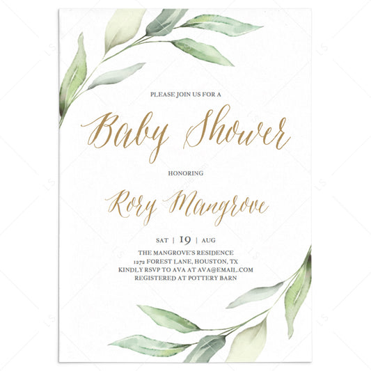 Watercolor green and gold baby shower invitation template by LittleSizzle