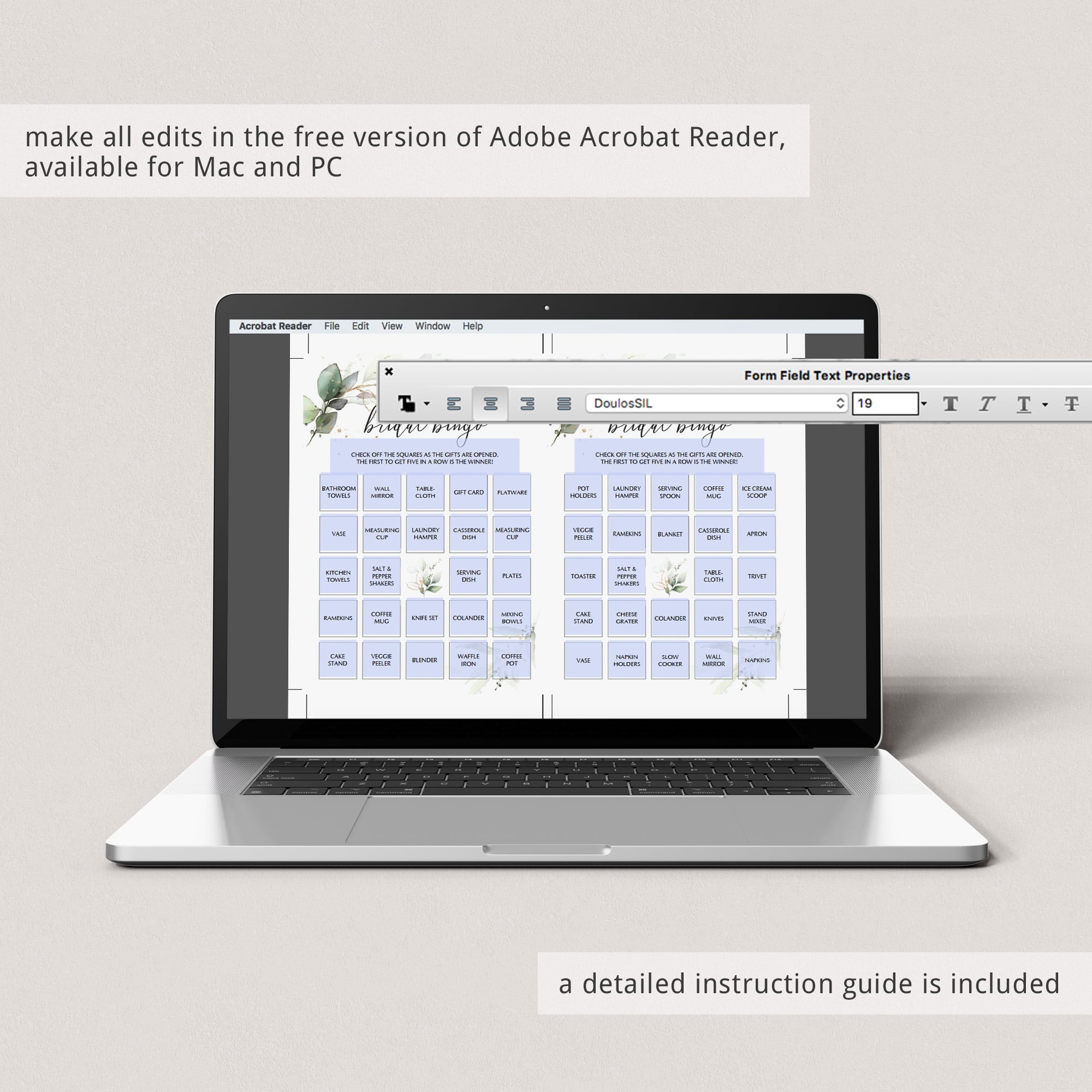 green leaf bridal gift bingo package