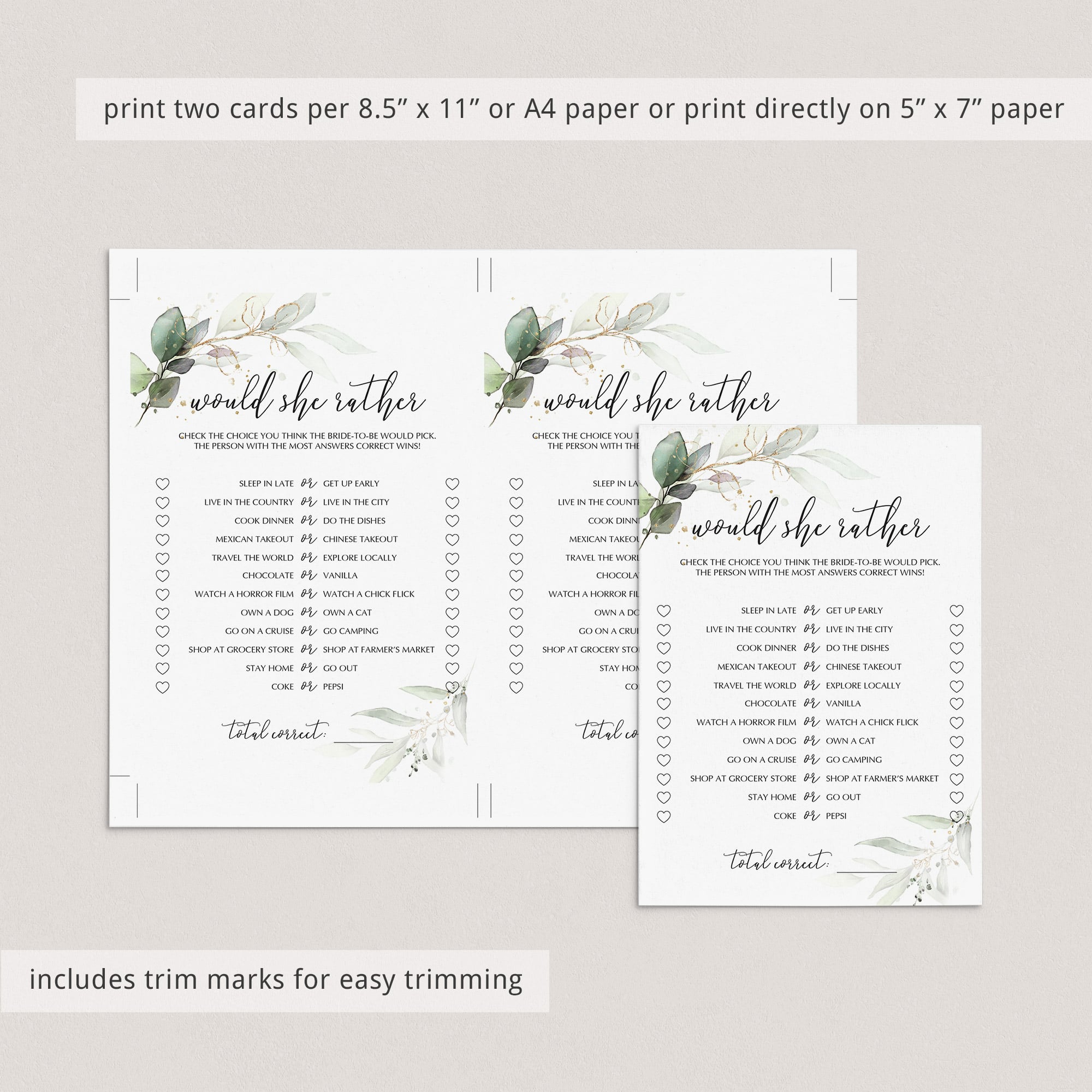 green and gold bridal shower games printables