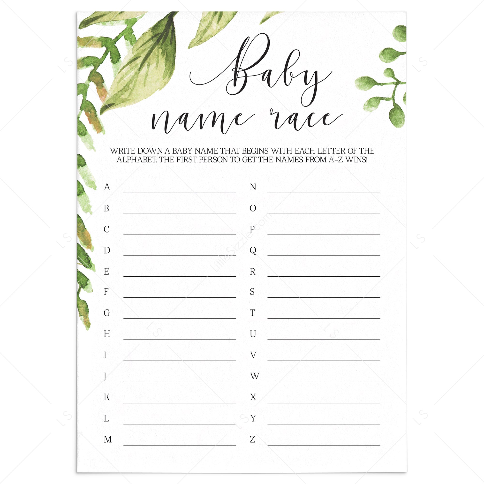 Greenery Baby Name Race card printable baby shower game | Instant download – LittleSizzle baby-name-ideas-baby-shower-name-suggestions-baby-names-digital-download-printable-baby-name-template-etsy
