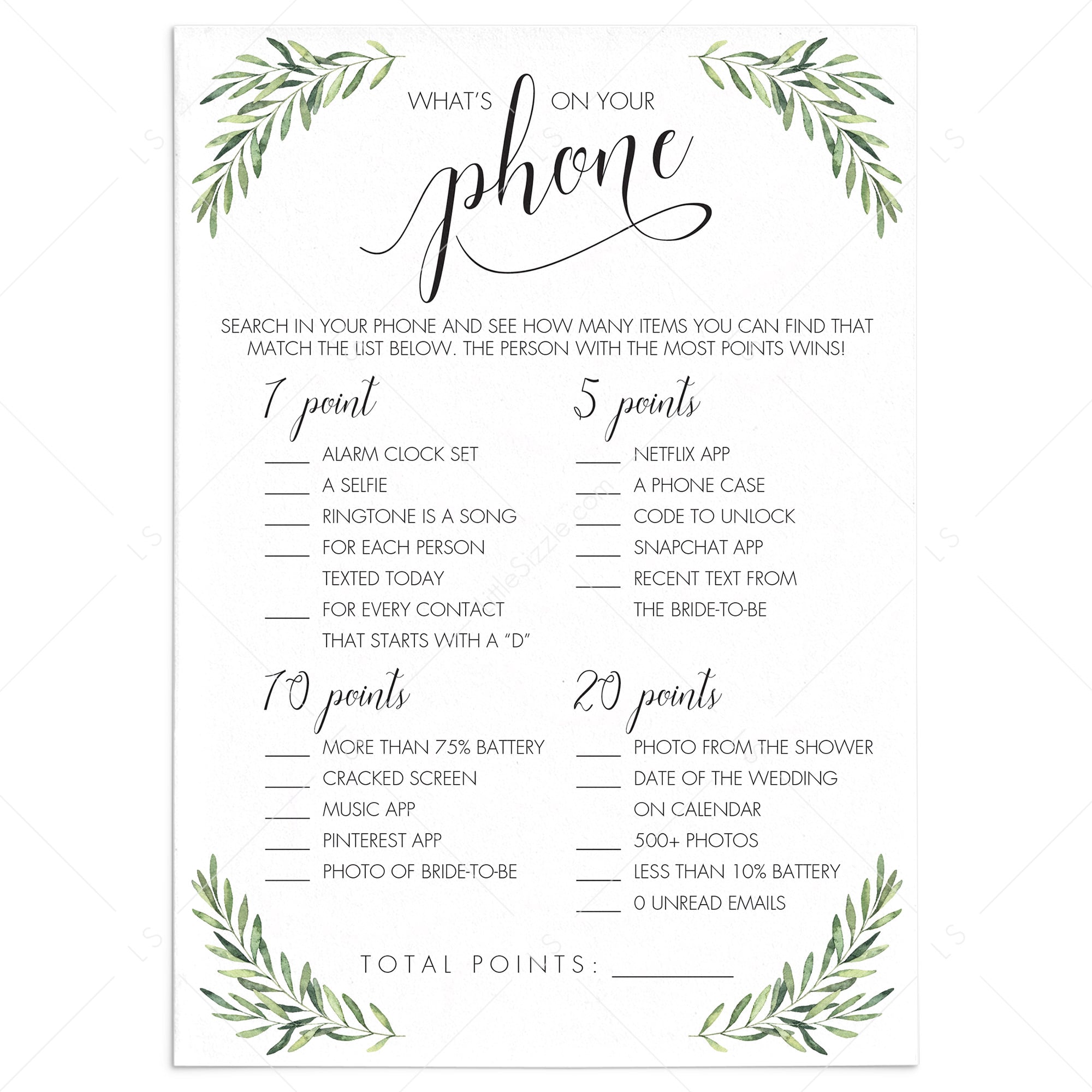 Printable Bridal Shower Game Botanical What's On Your Phone by LittleSizzle