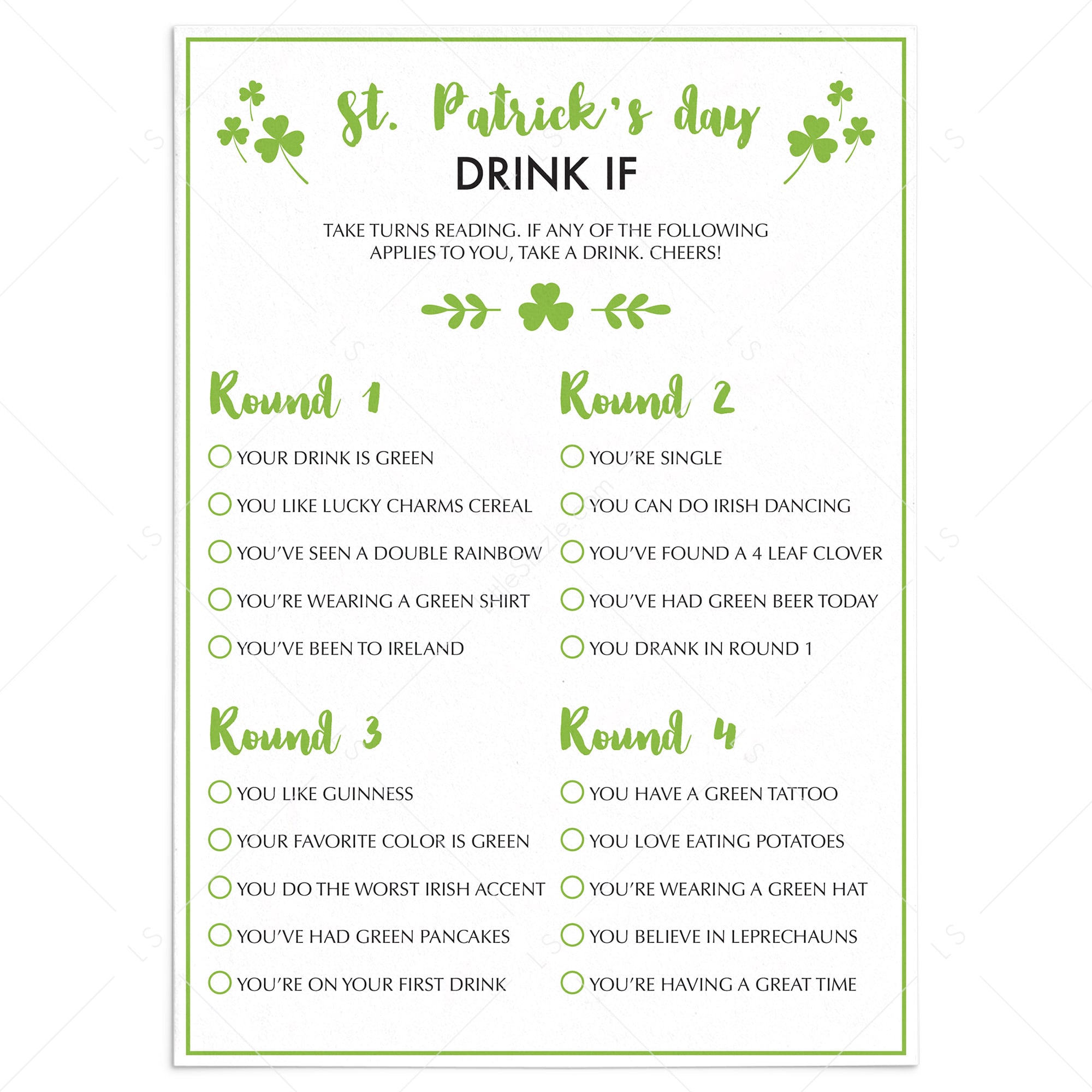 St Patrick's Day Activity For Adults Drink If by LittleSizzle