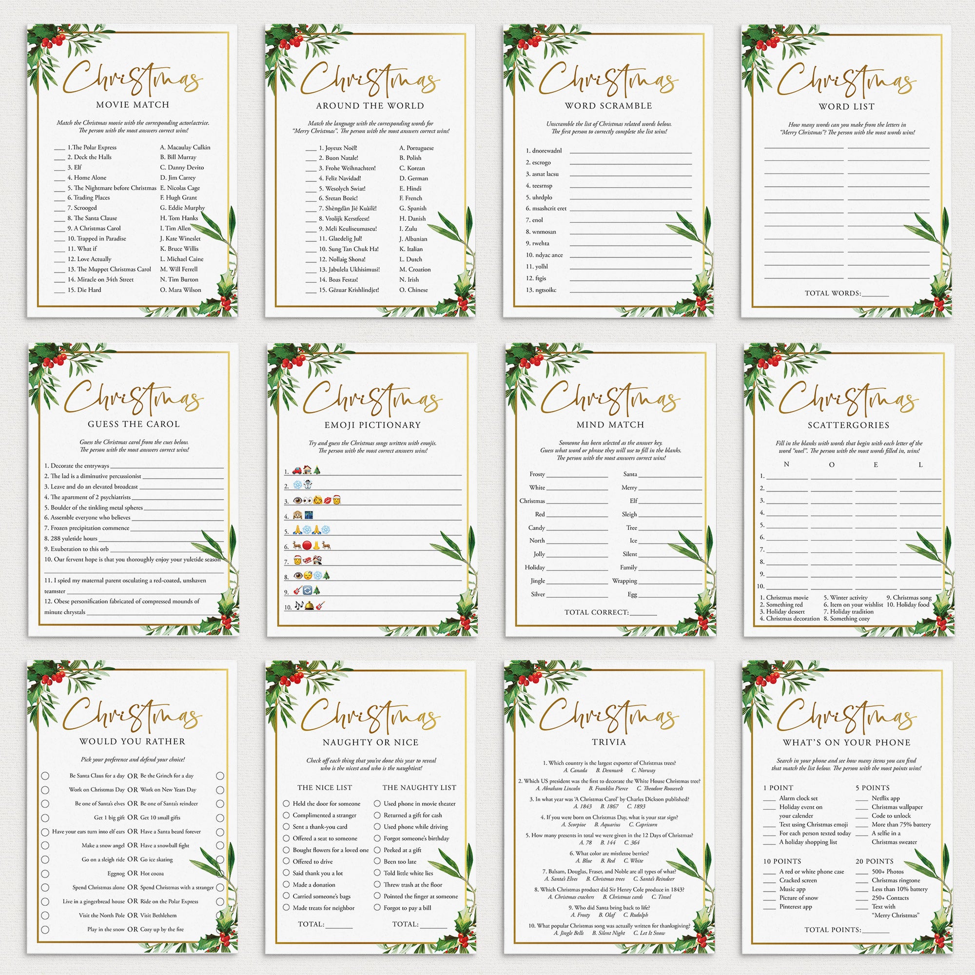 Gold and Greenery Christmas Games Bundle Printable by LittleSizzle
